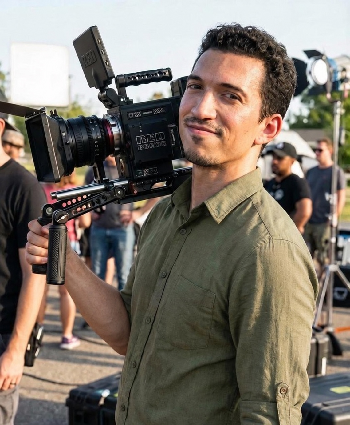 Sam Kellman holding a cinema camera on set